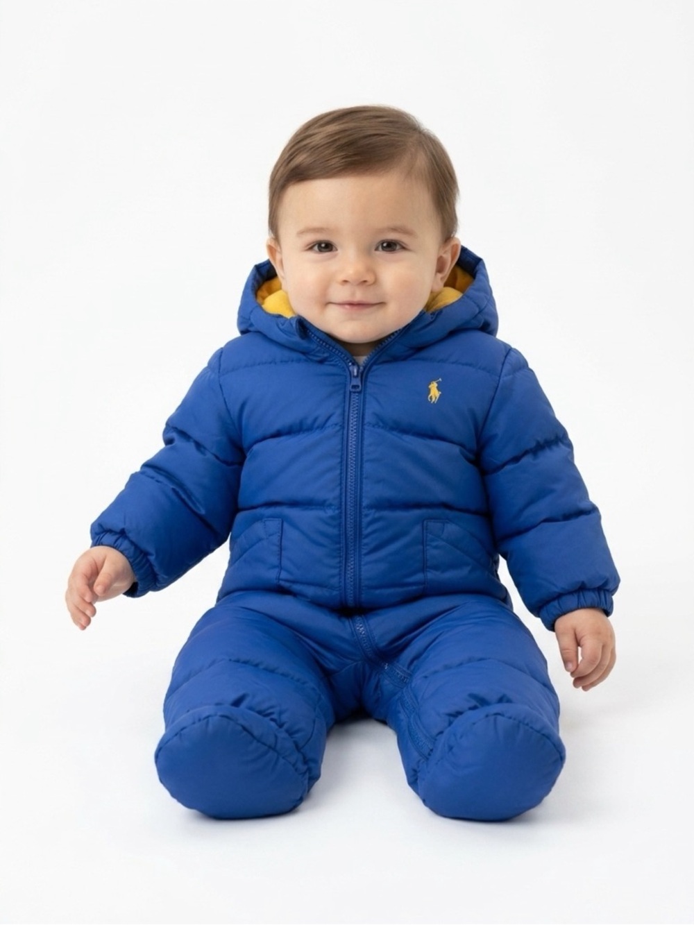 Ralph Lauren Blue Puffer Baby Snowsuit with Yellow Hood Lining- Size 9 months